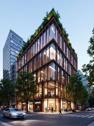 cinematic photo Architecture designed with Modern styles,WeWork,glass facade,steel structure,copper color,greenery,urban setting,city street,geometric design,multi-story,contemporary,angled lines,land