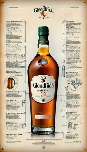 an industrial design sketch of a beautiful Glenfiddich 1937 ancient bottle, movie poster advertising (construction plan) modern style with some advertising notices,  frozen effect, movie poster  award