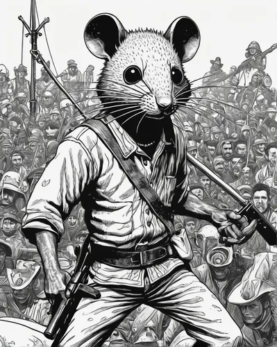 year of the rat,bush rat,war monkey,straw mouse,rataplan,monkey soldier,mexican revolution,rat,aye-aye,rat na,splinter,musical rodent,rodentia icons,anthropomorphized animals,rodents,field mouse,color rat,gerbil,guerrilla,pandero jarocho,Illustration,Black and White,Black and White 16