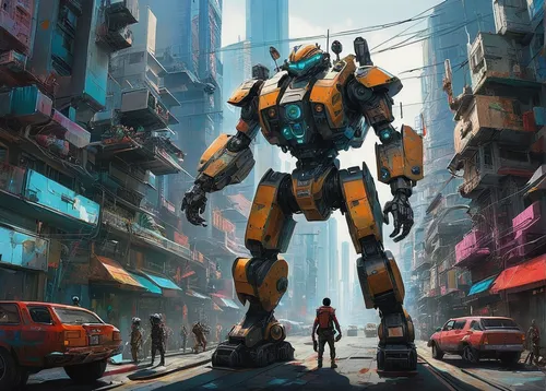 Imagine Rafael Iglesia in a futuristic city, battling against robots,bumblebee,mech,mecha,transformer,heavy object,cyberpunk,transformers,bolt-004,hk,tau,hong kong,sci fiction illustration,metropolis,