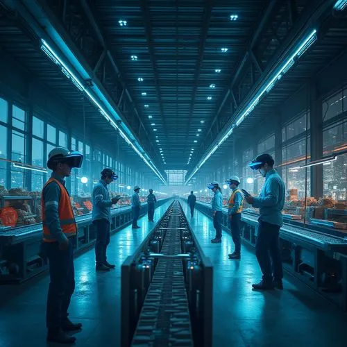 Futuristic distribution center, high-tech style, modern architecture, sleek metal beams, LED lights, automatic conveyor belts, robotic arms, transparent glass walls, minimalist interior design, busy w