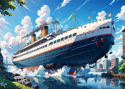 ocean liner,sea fantasy,ship of the line,cruise ship,factory ship,shanghai disney,passenger ship,troopship,ship,ship travel,victory ship,the ship,voyage,old ship,tokyo disneysea,queen mary 2,ship releases,docked,caravel,digging ship,Anime,Anime,Realistic