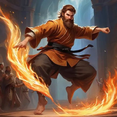 a brown-haired d&d dwarven man karate with a black belt, jumping leg kick, from the leg goes flames around the audience,balrog,tanaji,yagya,temur,hephaestus,monk,beric,vizier,rhodian,indian monk,airbe