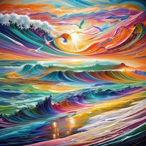 rainbow waves,ocean waves,vibrantly,dreamscape,seascape,sea landscape