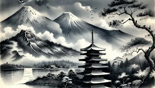 Mount Fuji and Pagoda,black and white painting of pagoda near snow covered mountain range,mountain scene,japanese art,cool woodblock images,takimoto,okimoto,kamiizumi,ukiyoe,tokaido,japan landscape,mu