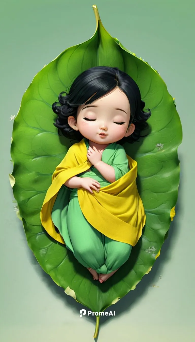 A lovely baby, green pillow, yellow shawl. black hair, she sleeping on the leaf of lotus. As 3d animation
,lotus leaf,lily pad,cute cartoon image,sleeping apple,jackfruit,lotus blossom,spring leaf bac