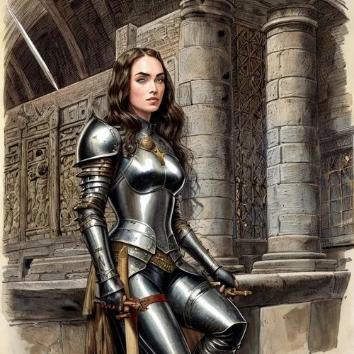 joan of arc,knight armor,cuirass,paladin,female warrior,heroic fantasy,heavy armour,fantasy portrait,sci fiction illustration,breastplate,swordswoman,armor,armour,knight,armored,crusader,fantasy art,medieval,kneel,scabbard,Art sketch,Art sketch,Traditional