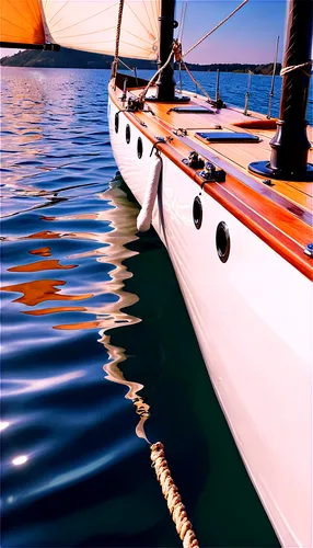 Sailing yacht, reflection on calm water, white sail, wooden deck, shiny metal fittings, luxurious interior, portholes, rudder, anchor, rope details, morning sunlight, soft shadows, 3/4 composition, sh