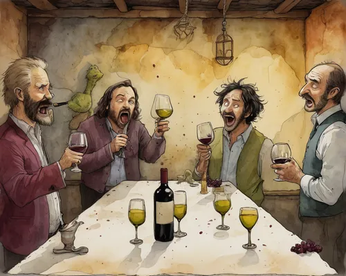 Create a comical situation where characters get trapped in a beciul during a wine tasting event.,viticulture,wine tasting,wine cultures,wine tavern,winemaker,drinking party,wine,wines,watercolor wine,