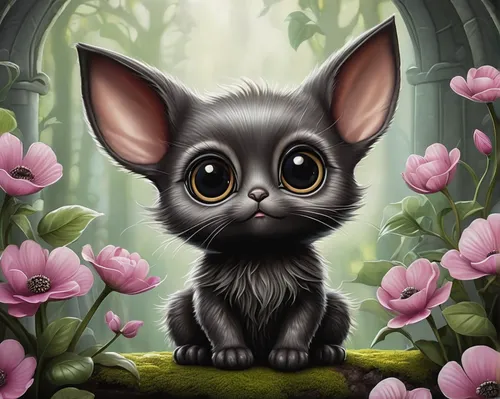 blossom kitten,long-eared,aye-aye,cute cartoon character,long eared,mouse eared bat,no ear bunny,mouse lemur,siamese cat,rabbit owl,little bunny,little rabbit,sugar glider,flower cat,portrait background,cute animal,big ears,cute cartoon image,springtime background,flower animal,Conceptual Art,Fantasy,Fantasy 30