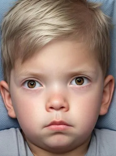 A 5-1/2-year-old boy with Aarskog-Scott Syndrome. He has a broad, round face, broad forehead, with wavy dark blonde hair. He has piercing brown eyes with a very intense gaze. His left eye is slightly 