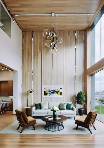 
Living room interior, photorealistic, Japandi style, minimalism, beige sofa with a high back, dark brown chairs, dark brown table, wooden, marble floor, lamp above the table made of transparent balls