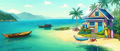 cartoon video game background,seaside resort,seaside country,delight island,floating huts,idyllic,dream beach,tropical beach,popeye village,bahamonde,tropical island,beach hut,summer cottage,paradise beach,south seas,bluefields,travelocity,an island far away landscape,beach resort,fishing village