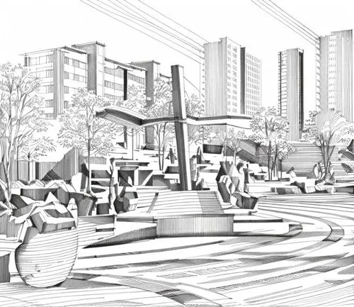 an artistic drawing of an urban park with lots of trees,sketchup,urban development,pedestrianized,urbanizing,city scape,urban design,Design Sketch,Design Sketch,Hand-drawn Line Art