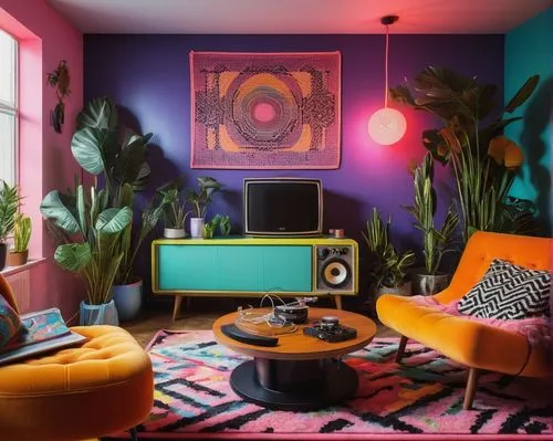 modern decor,the living room of a photographer,mid century modern,great room,maximalism,livingroom,tropical house,interior design,living room,saturated colors,retro styled,interior decor,apartment lounge,modern room,technicolour,interior decoration,electrohome,brighthouse,decor,mid century house,Illustration,Retro,Retro 25