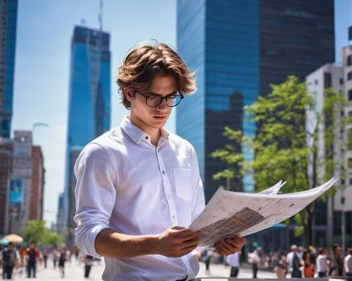 Modern young architect, internship, male, 20yo, glasses, messy brown hair, casual wear, white shirt, dark jeans, sneakers, holding blueprints, standing, modern skyscraper, cityscape, busy street, peop