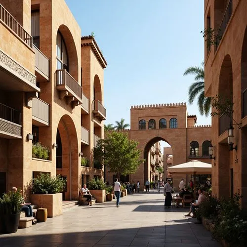 Regional cultural heritage, traditional building materials, earthy tones, ornate decorations, Islamic-inspired arches, vibrant marketplaces, bustling streets, warm sunny days, soft natural lighting, s