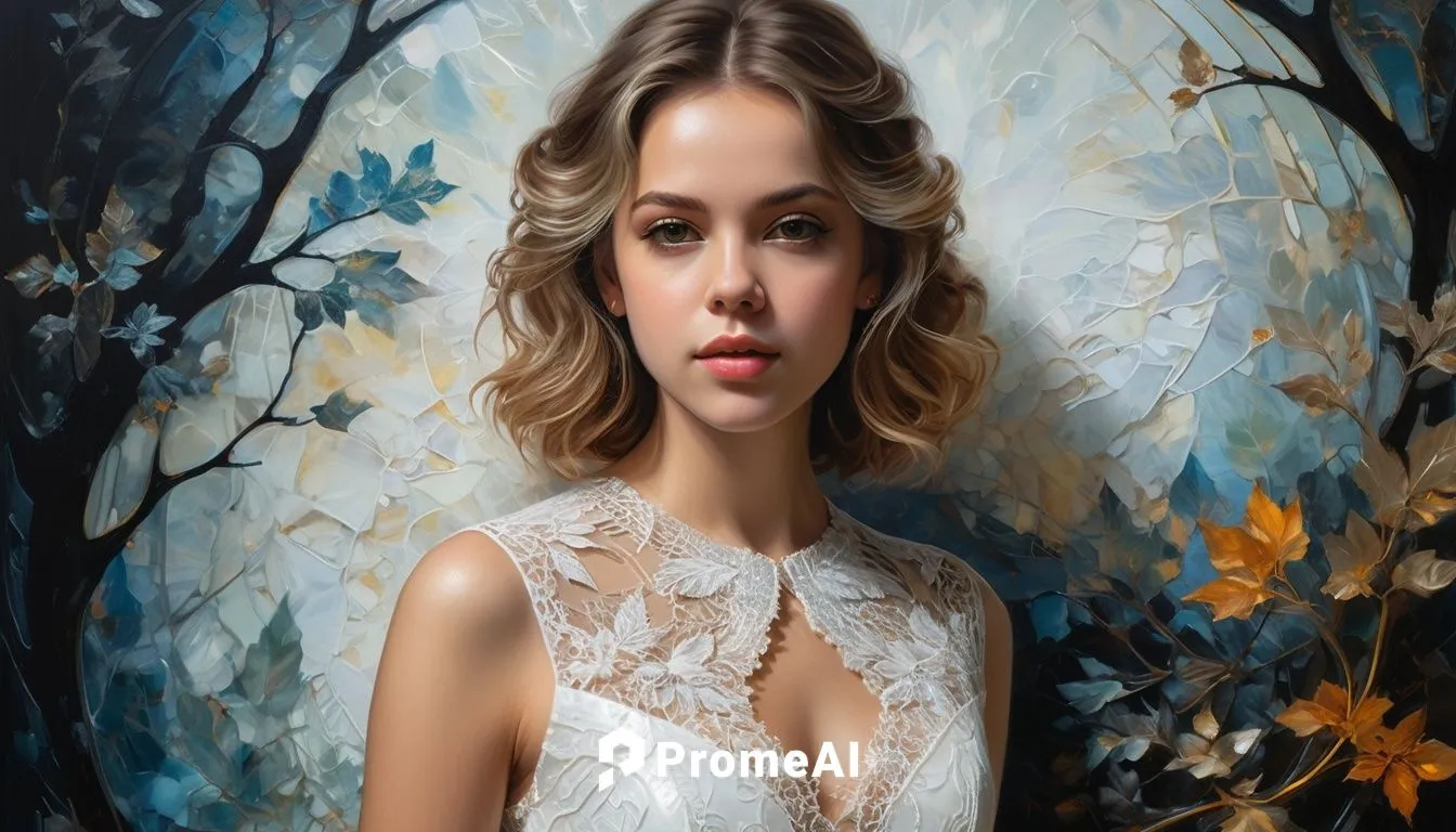 Generate a painting of a sublime beautiful young woman- brown- face and perfect honey eyes - centered in the style of ((Samantha Keely Smith and Anne Bachelier))-UHD (32K)_ white lace dress - acrylic 