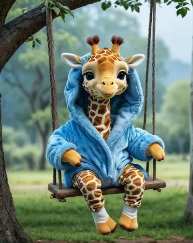 A cute little giraffe in blue fluffy hooded pajamas sits on a swing hanging from a tree. photorealistic view,giraffe plush toy,giraffidae,giraffe,animals play dress-up,anthropomorphized animals,wildpa