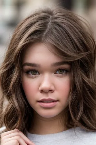 a portrait of a beautiful caucasian Hailee Steinfeld 24 years old brown hair in a casual outfit   in the street of london in the morning as background in 4k,artificial hair integrations,natural cosmet