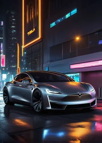 Tesla, electric car, 48V battery, sleek futuristic design, metallic silver body, aerodynamic shape, gull-wing doors, LED headlights, sharp angular lines, sporty wheels, low-profile tires, luxurious bl