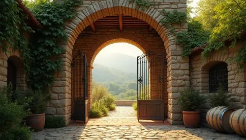 Rustic winery archway, stone brick walls, curved Romanesque entrance, ornate iron gates, vine-covered trellis, lush greenery, warm golden lighting, soft focus, atmospheric mist, 3/4 composition, natur