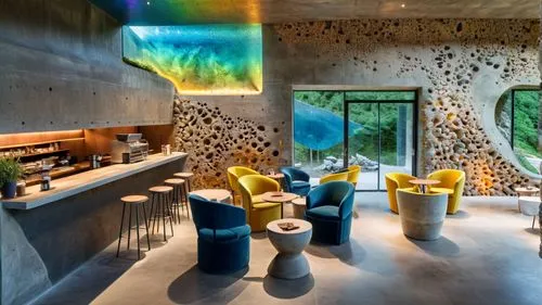 The interior of the coffee shop 
Modern minimal style, mostly white, blue, yellow colors,this living room has colorful walls and chairs,amanresorts,hotel w barcelona,casa fuster hotel,andaz,corian,fes