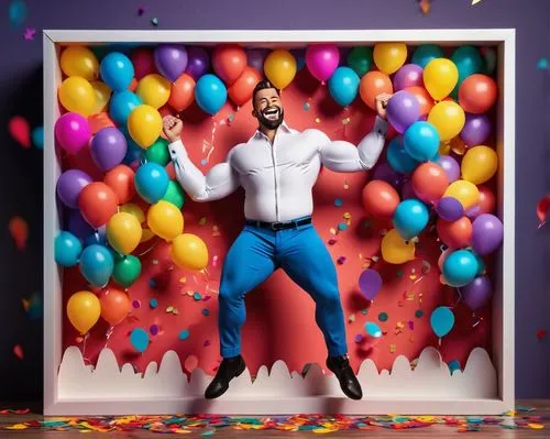 Muscular man, giant belly, rounded stomach, prominent navel, bulging shirt, unbuttoned pants, laughing expression, joyful atmosphere, colorful balloons, confetti, party setting, bright lighting, shall