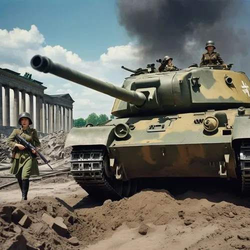 A gorgeous female Volkssturm soldier with German Stahlhelm has a mid-sand-yellow Panzerfast in her hands, laying in a bomb crater, aiming to a Rusian green T-34 Tank  rolling in the vicinity of the Be