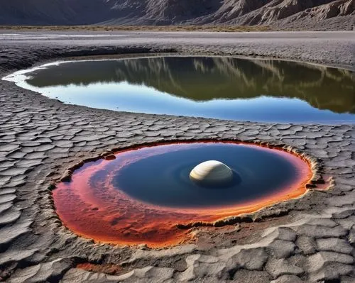 In the distance, a white and white void floats in the midst of a cratered, empty saturn. The water seems to pulse and dance, illuminating the darkness behind it. In the darkness, a small pond reflects