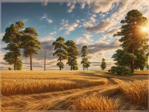 wheat field, rye field, pines on the horizon, photorealism, professional photo, hdri, ultra HD, 8k,landscape background,wheat field,wheat fields,wheat crops,rural landscape,barley field,meadow landsca