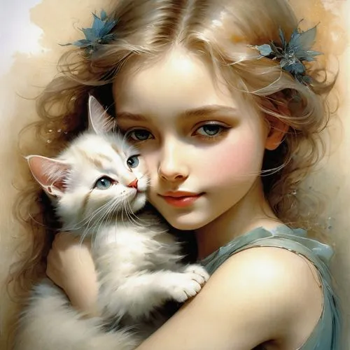 tenderness,little boy and girl,vintage boy and girl,emile vernon,little girls,white cat,cat lovers,little girl and mother,doll cat,birman,romantic portrait,cute cartoon image,boy and girl,little girl,innocence,sweetness,porcelain dolls,alice,childs,ragdoll,Illustration,Realistic Fantasy,Realistic Fantasy 16