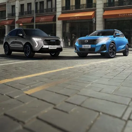 2 cars facing eachothers on a fancy tiles city road surrounded by high class stores left and right, realistic mid day lights and shadows.,audi rsq,audi rs,rs7,volvo cars,audi rs7,hyundai veloster,dats