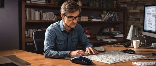 3-tier architecture, C# code, computer screen, programmer, male, mature, bespectacled, short brown hair, casual shirt, jeans, sneakers, sitting, desk, office, modern chair, keyboard, mouse, cup of cof