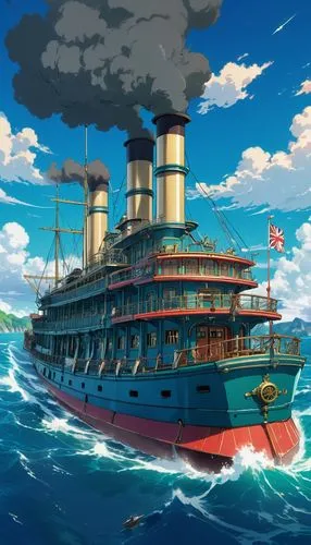 A futuristic 1910s military steamboat with resemblance to the English on the high seas.,an animated boat with smoke coming out the top,caravel,aquitania,sea fantasy,ocean liner,britannic,ironclads,Ill