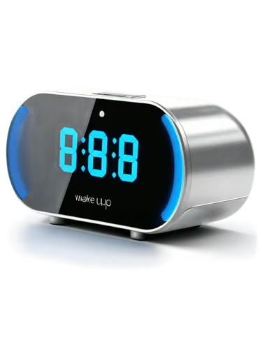 Wake-up audio, futuristic alarm clock, sleek metal body, glowing blue LED lights, touch screen interface, compact size, bedside table, morning sunlight, soft focus, shallow depth of field, warm color 