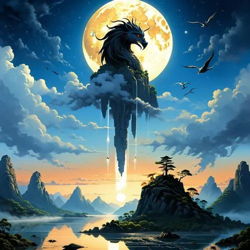 kirin,mononoke,dragon of earth,kujira,moondragon,tengu,howling wolf,eagle silhouette,haku,muramasa,jaggi,moon and star background,inuyasha,kulu,ibuki,kindred,pegasus,fenrir,kukulkan,sun moon,Conceptual Art,Sci-Fi,Sci-Fi 19