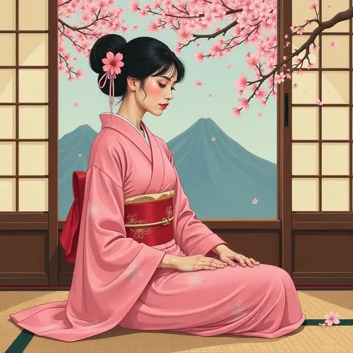 geiko,geisha,geisha girl,japanese sakura background,chuseok,hakama,Illustration,Realistic Fantasy,Realistic Fantasy 29