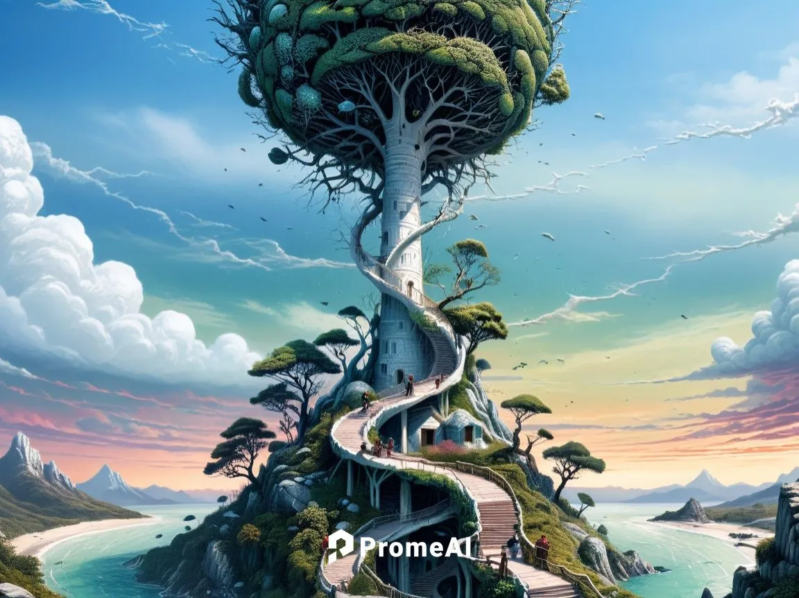 Origin of Life. First cells. DNA. Primitive life forms. Life's architecture unfolding.,a tree house is sitting on top of a hill,yggdrasil,mushroom landscape,mushroom island,magic tree,dragon tree,tree