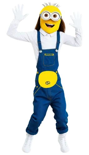 Minion, yellow skin, one eye, goggles, denim overalls, white gloves, excited expression, jumping pose, bright blue background, soft focus, warm lighting, cinematic composition.,a little  in overalls i