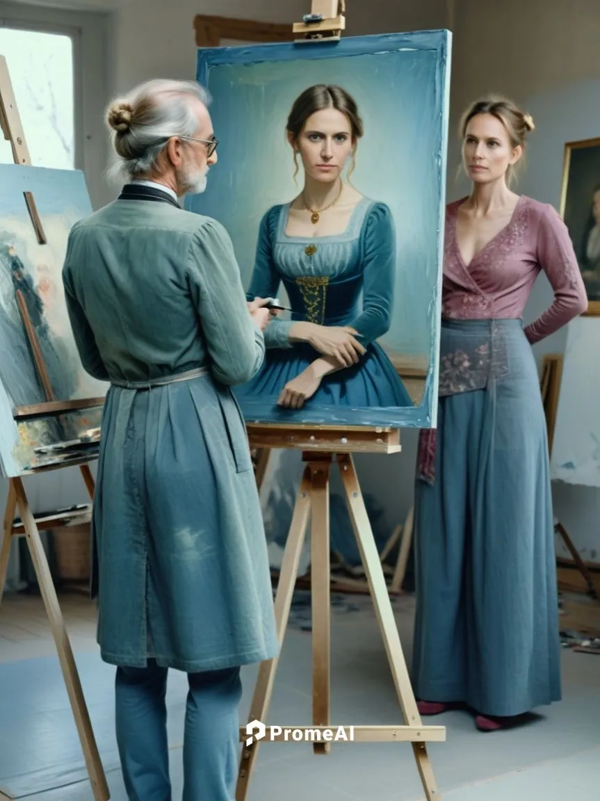 The picture shows the famous German painter Franz Lenbach (Munich) from behind in the foreground, painting at an easel. On the easel is a half-finished portrait of Anna Schäffer. In the blurred backgr