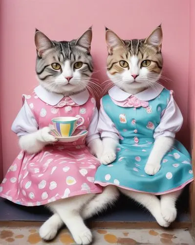 tea party cat,cat coffee,vintage cats,sewing pattern girls,oktoberfest cats,two cats,cat's cafe,doll cat,cat lovers,teatime,cups of coffee,animals play dress-up,cat drinking tea,tea party,tea time,cat image,felines,vintage boy and girl,domestic cat,cats,Photography,Documentary Photography,Documentary Photography 13