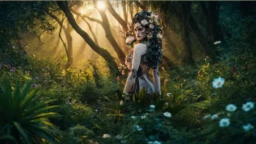 ballerina in the woods,dryad,faerie,faery,fae,fantasy picture,girl in the garden,fairy forest,elven forest,the enchantress,garden fairy,enchanted forest,garden of eden,girl in flowers,girl with tree,swath,photomanipulation,fantasy woman,forest of dreams,farmer in the woods