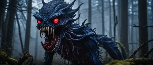 Demogorgon, fantasy creature, sharp teeth, glowing red eyes, dark blue skin, tentacles, eating, messy, bloody, raw meat, bone fragments, eerie misty forest, twilight, foggy atmosphere, sinister backli