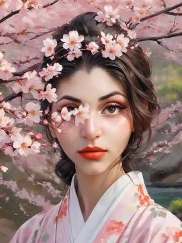 geisha,geisha girl,plum blossoms,japanese woman,maiko,oriental girl,Digital Art,Impressionism