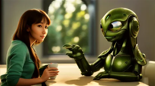 alien,sci fiction illustration,anime 3d,android,conversation,animated cartoon,humanoid,romantic meeting,green tea,chatting,aliens,talking,alien invasion,extraterrestrial life,consultation,woman frog,e