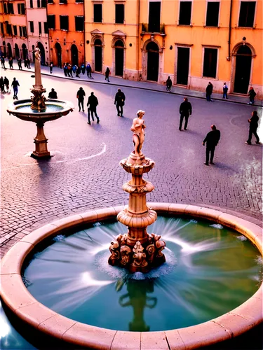 Piazza Navona, ancient Roman architecture, Baroque fountains, ornate sculptures, Bernini's Four Rivers Fountain, morning sunlight, warm color tone, people walking, camera angle from above, 3/4 composi