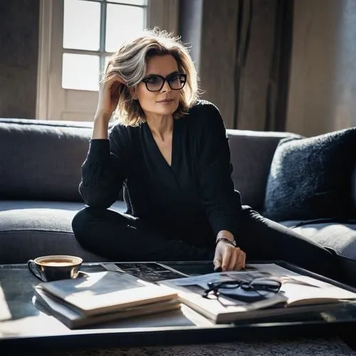 Observing Architectural Digest, modern interior design magazine, open on coffee table, 30-40yo woman, casual wear, messy bob hair, black framed glasses, relaxed posture, one leg crossed over the other