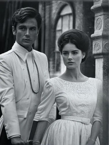 Black and white image of Her Serene Highness Wilhelmine, Princess of Upflamör and Mr. James Bond.,two young people in dresses standing side by side,forsyte,zeffirelli,marienbad,edwardians,beckhams,zhi