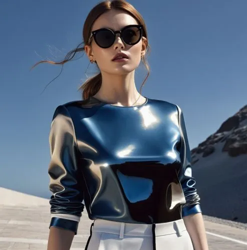 撞色，时尚属性,a woman is walking down a street wearing a shiny blouse,carven,krakoff,ghesquiere,mugler,kenzo,alpine style,Photography,General,Realistic